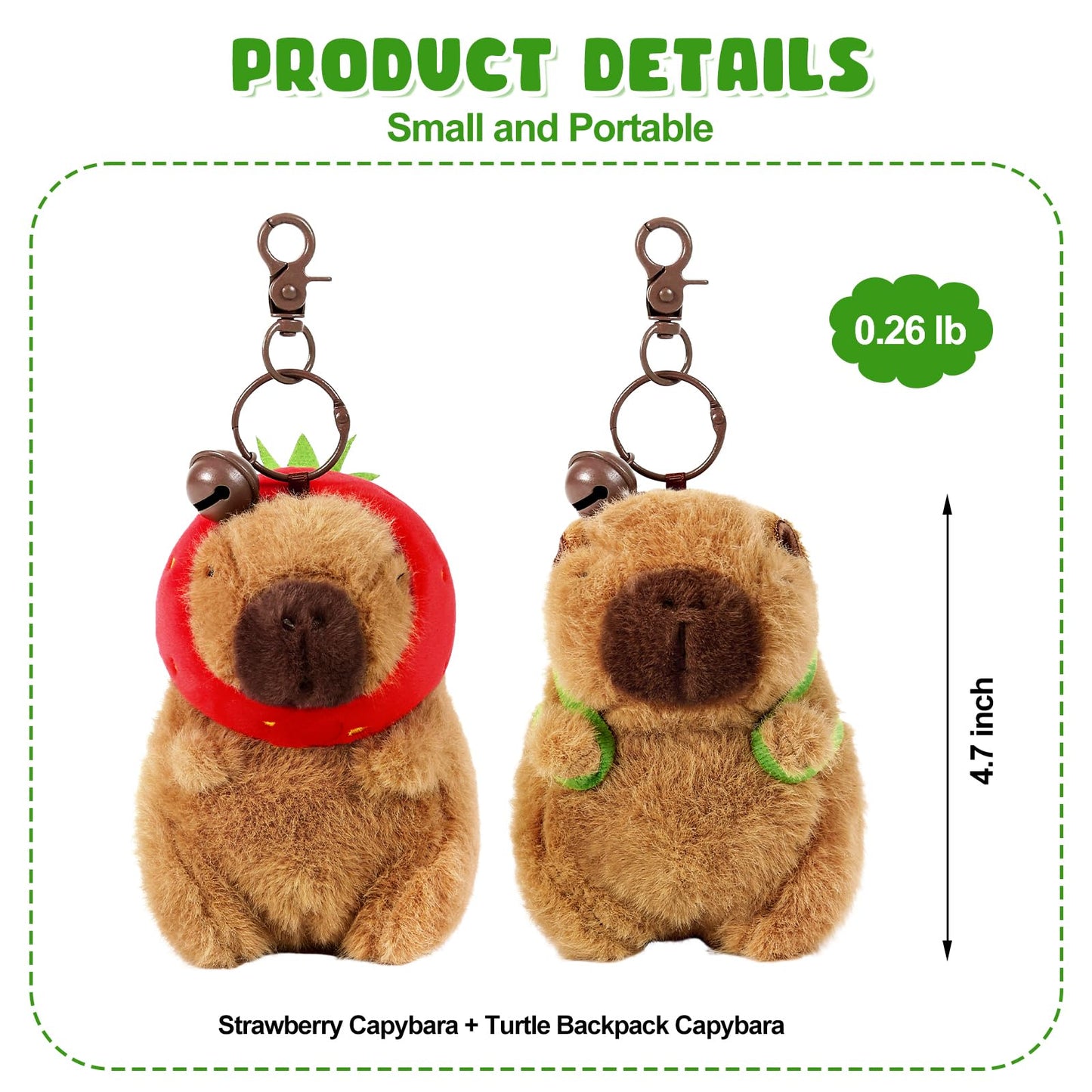 Ditucu Capybara Plush Keychain Toys - 4.7" Brown Polyester Strawberry Turtle Pendant for Kids' Backpack Decoration