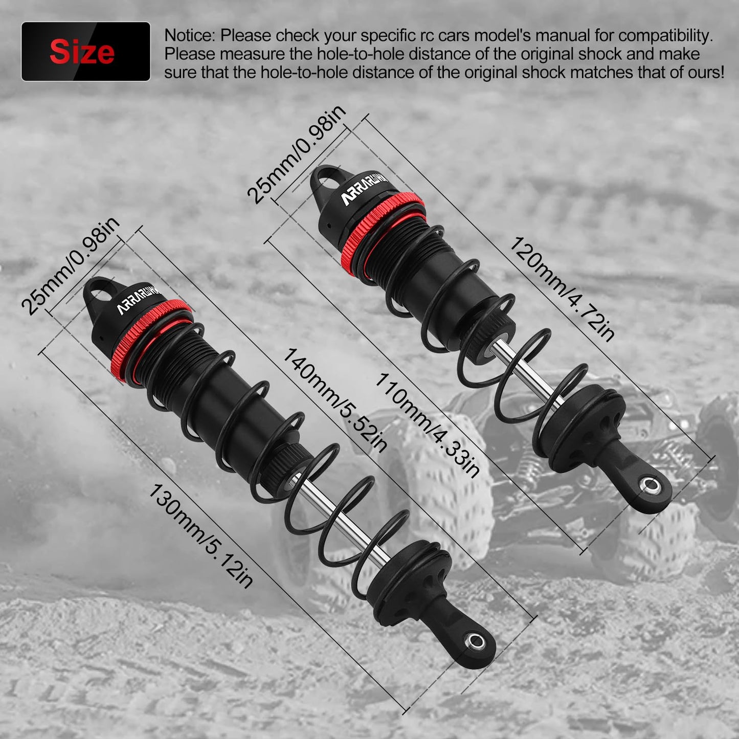 RC Car Shock Absorbers, 130mm Rear Shocks 110mm Front Shocks Set Adjustable Shocks Compatible with 1/8 Arrma Typhoon 6S Redcat F