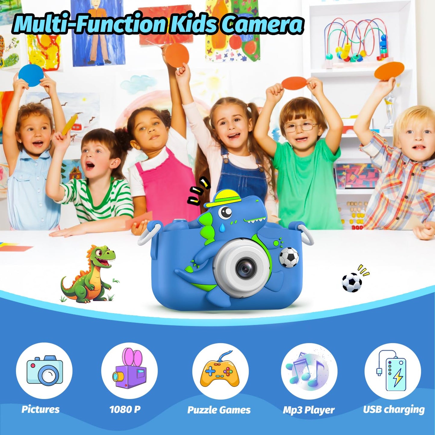 Dinosaur Kids Camera For Boys Girls, Toddler Digital Selfie Camera With Cute Protective Cover And 32G Sd Card, Christmas Birthda