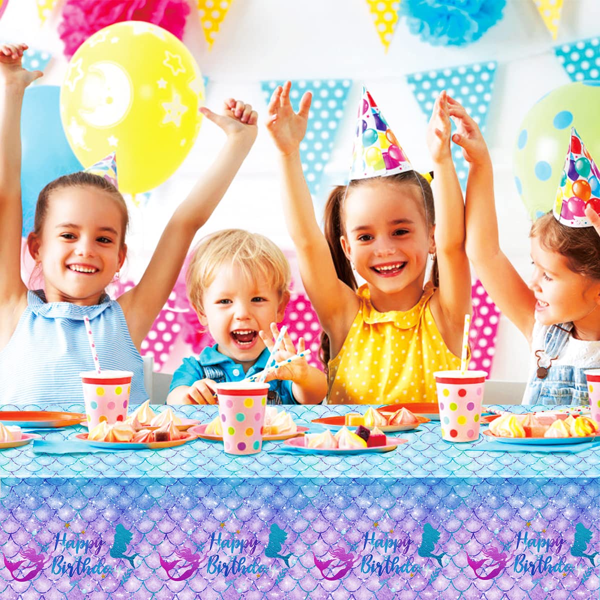 Daiuni 1Pcs Mermaid Birthday Tablecloth For Birthday Party Decoration, Plastic Disposable Rectangle Table Cover For Kids Girls P