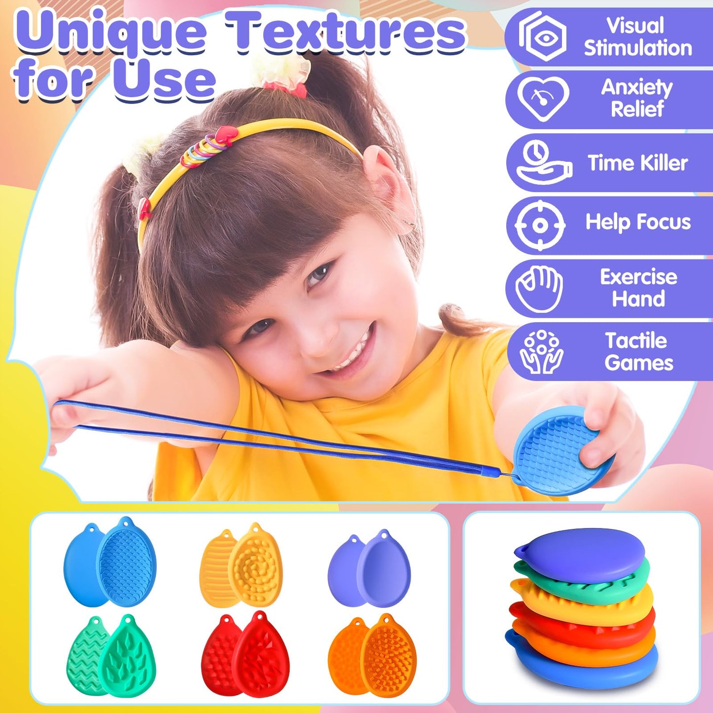 Qingler Fidget Toys Sensory Worry Stones With Lanyard Stocking Stuffers For Kids, 6 Pack Worry Stones For Autism Adhd Teens Anxi