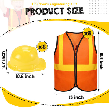 Geyoga 16 Pcs Construction Vest For Kids Party Favors Hard Hat Construction Dressing Up Supplies Construction Funny Worker Costume For Birthday Party, Including 8 Vests And 8 Construction Hats