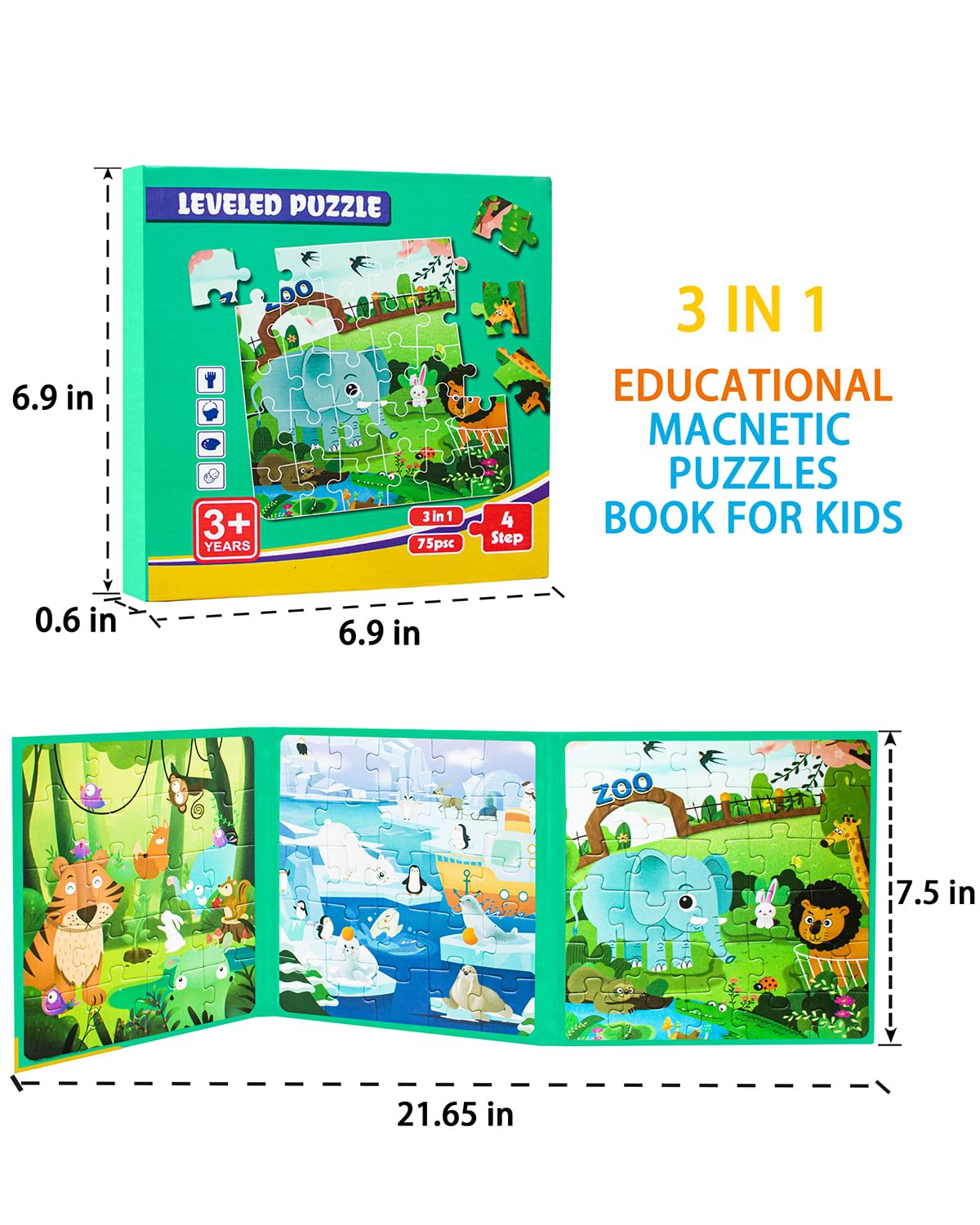 Magnetic Puzzles For Kids Ages 3-5, 3 In 1 Animal Magnet Jigsaw Puzzle Book For Toddlers, Car Airplane Road Trip Activities Toys