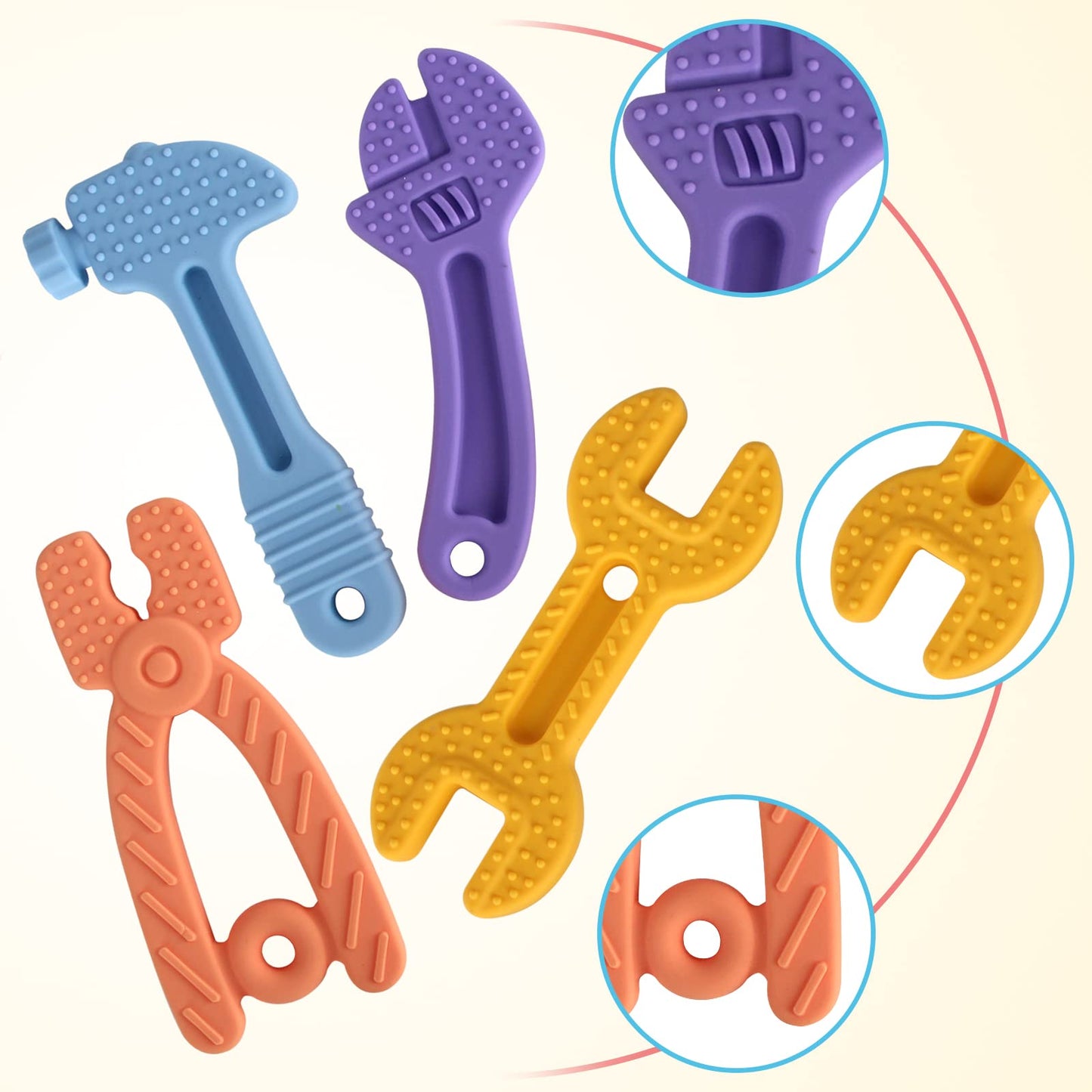 Fu Store 4 Pack Soft Silicone Teething Toys for Toddlers Infant Hammer Spanner Wrench Pliers Tools Shape Baby Teethers Relief So
