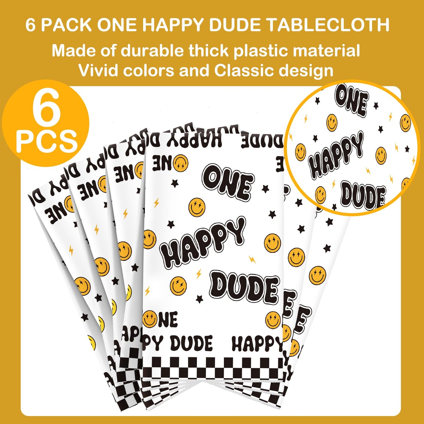 Newwiee 6 Pcs One Happy Dude Birthday Party Tablecloths 51 x 108 Inch One Happy Dude Table Cover Smile Face Plastic Table Cloths