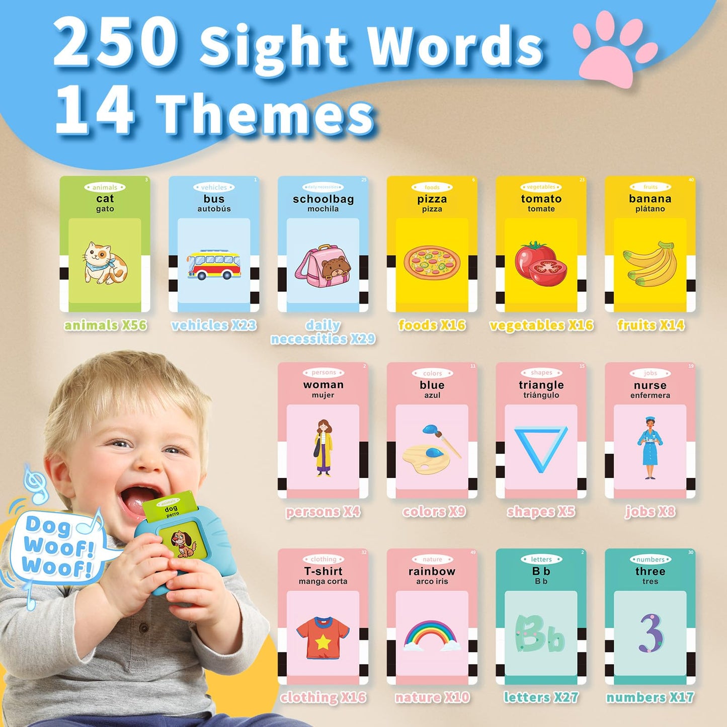 Aullsaty Toddler Toys Bilingual English And Spanish Talking Flash Cards For 1 2 3 4 5 6 Year Old Boys And Girls, Autism Sensory