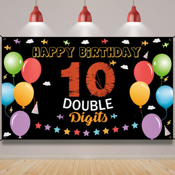 10Th Birthday Backdrop Banner, Happy 10Th Birthday Decorations, Kids 10 Year Old Double Digits Birthday Party Yard Sign Decor, C