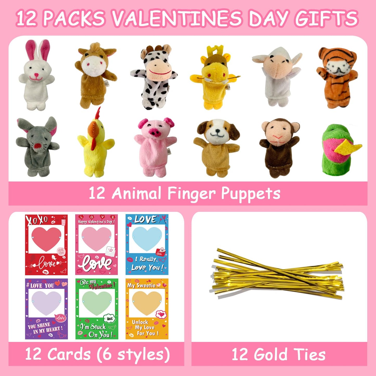JIALWEN 12 Pack Valentines Day Cards for Kids with Animal Finger Puppet for Kids Valentine Theme Gifts Greeting Cards School Cla