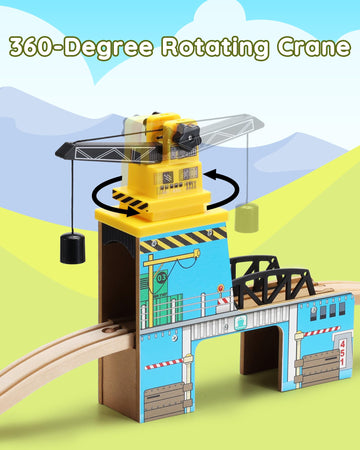 Sainsmart Jr. Wooden Train Set Accessories, Magnetic Rotary Crane Set With Track For Kids Compatible With Thomas, Brio, Chuggington, Melissa And Doug