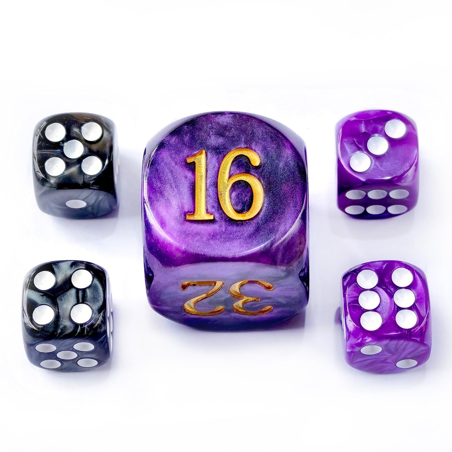 5Pcs Set 30Mm Backgammon Pearl Dice Set - 30Mm (1 3/16'') Large Backgammon Doubling Cube Plus 4Pcs 16Mm Dice(Purple/Black Marble