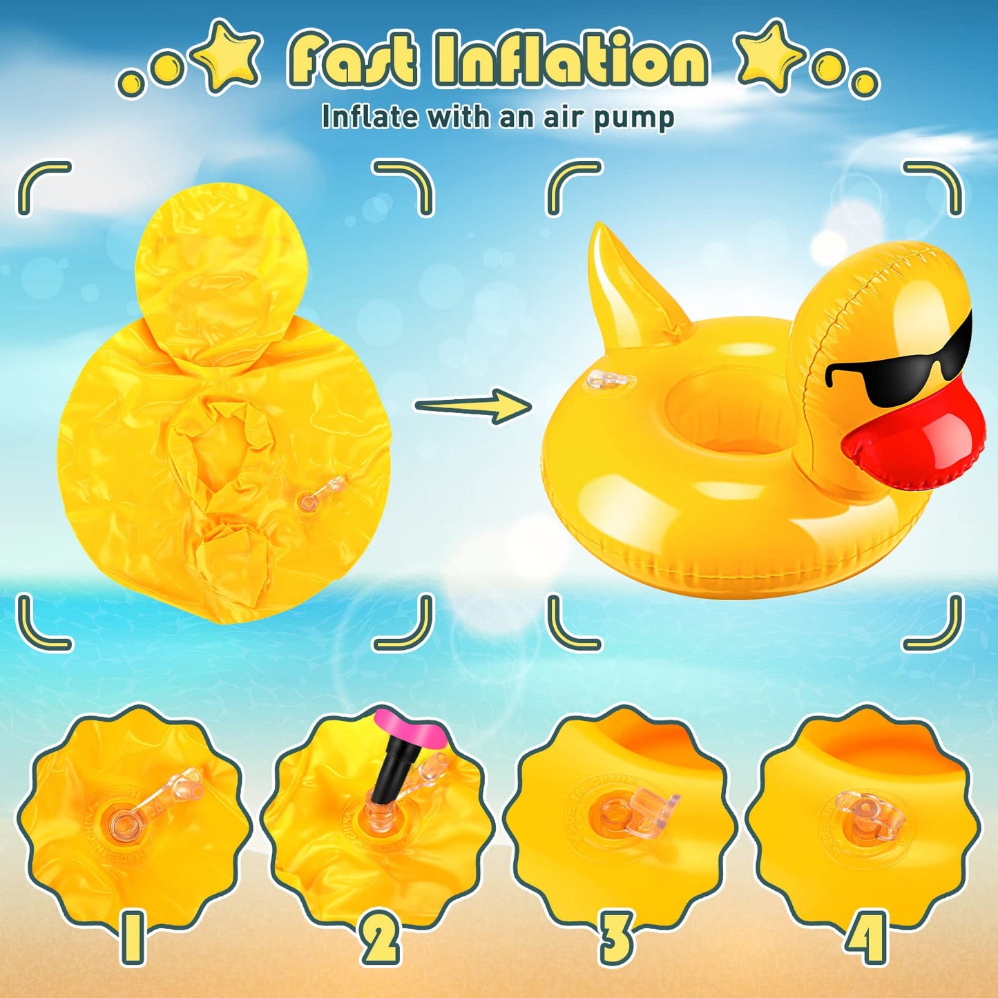Deekin Inflatable Duck Drink Floats - 50 Pcs Reusable Pool Cup Holders, PVC, 9.45x8.66", Cute Design for Summer Parties