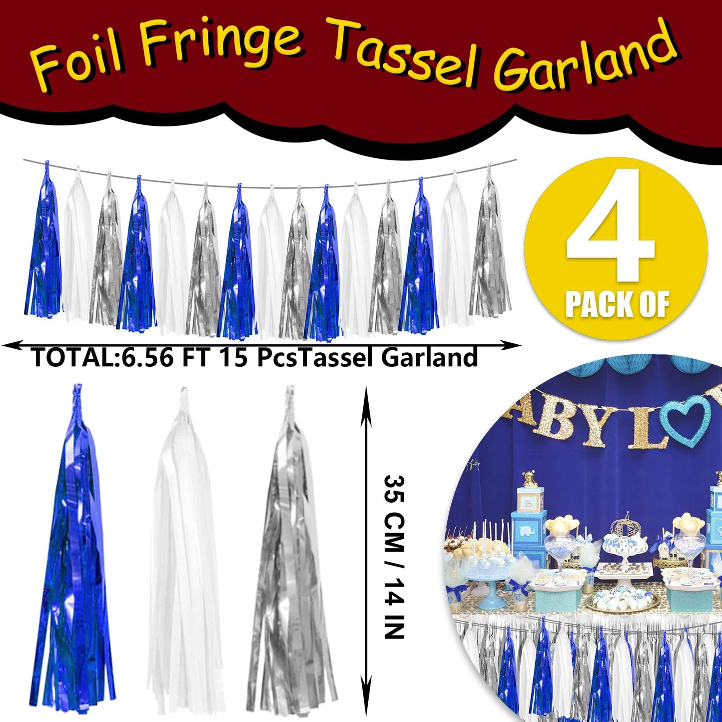 4P Navy Blue White Silver Foil Fringe Tassel Banner Garland Metallic Tinsel Streamers Wall Hanging Curtain Backdrop Banner for P