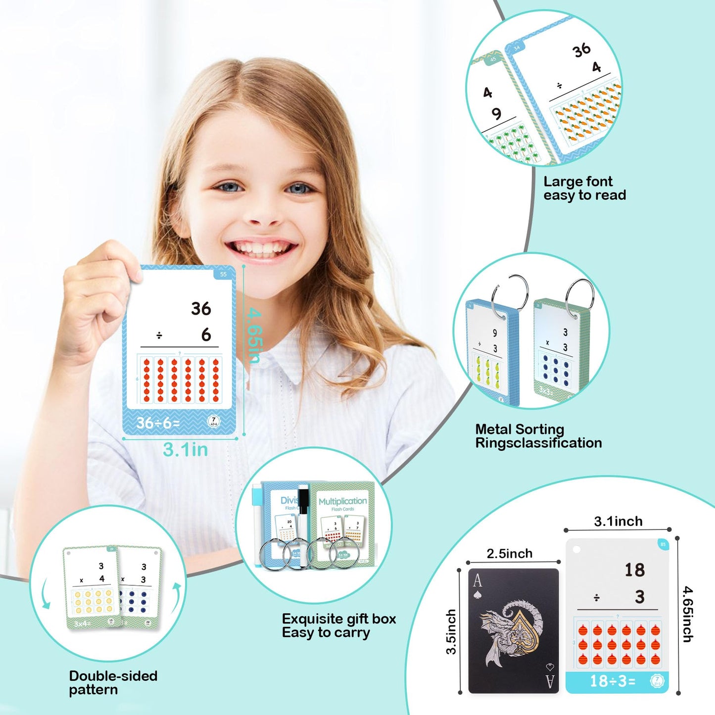 110 Cards, 212 Pictures Educational Math Flash Cards, Mul Div Multiplication Division Flash Cards, For Toddlers 7,8,9,10,11 Year