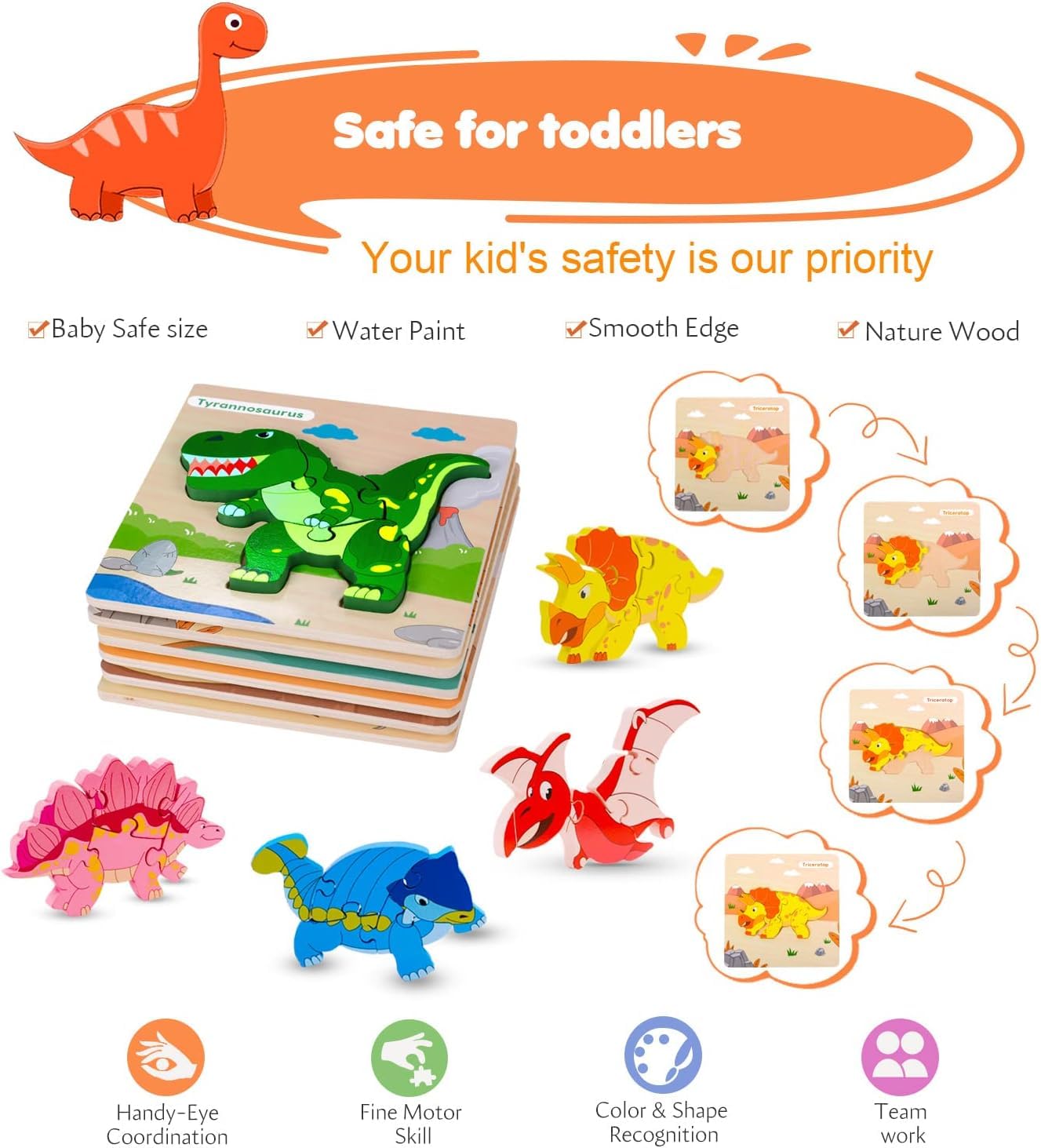 Wooden Puzzles For Toddler, Toys For 1 2 3 Year Old Boys Girls Baby Infant Kids Montessori Learning 6 Animal Pattern Jigsaw Puzz
