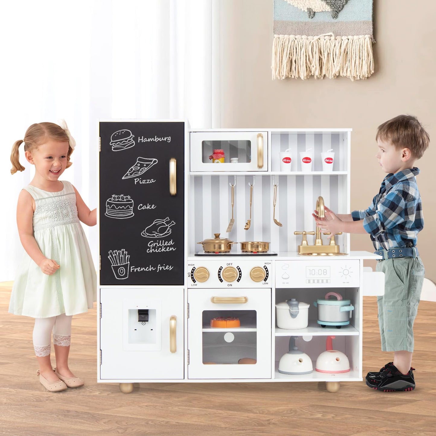 Costzon Play Kitchen For Kids, Wooden Toy Kitchen Set With Stoves, Microwave, Blackboard, Water Dispenser, Cooking Accessories,