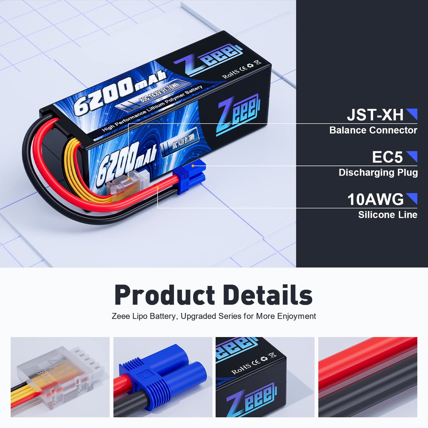 Zeee 4S Lipo Battery 6200mAh 14.8V 80C Hard Case Battery with EC5 Connector for Car Truck Tank RC Buggy Truggy Racing Hobby(2 Pa