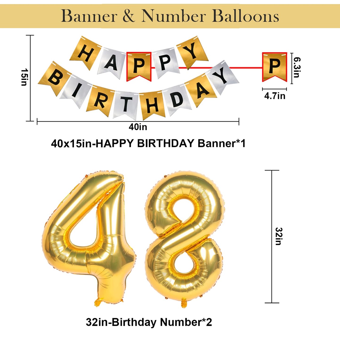 Naninuneno 48Th Gold Birthday Decorations, Gold Black Silver Happy Birthday Balloons Supplies For Boy Men Girl Women, 48 Birthda