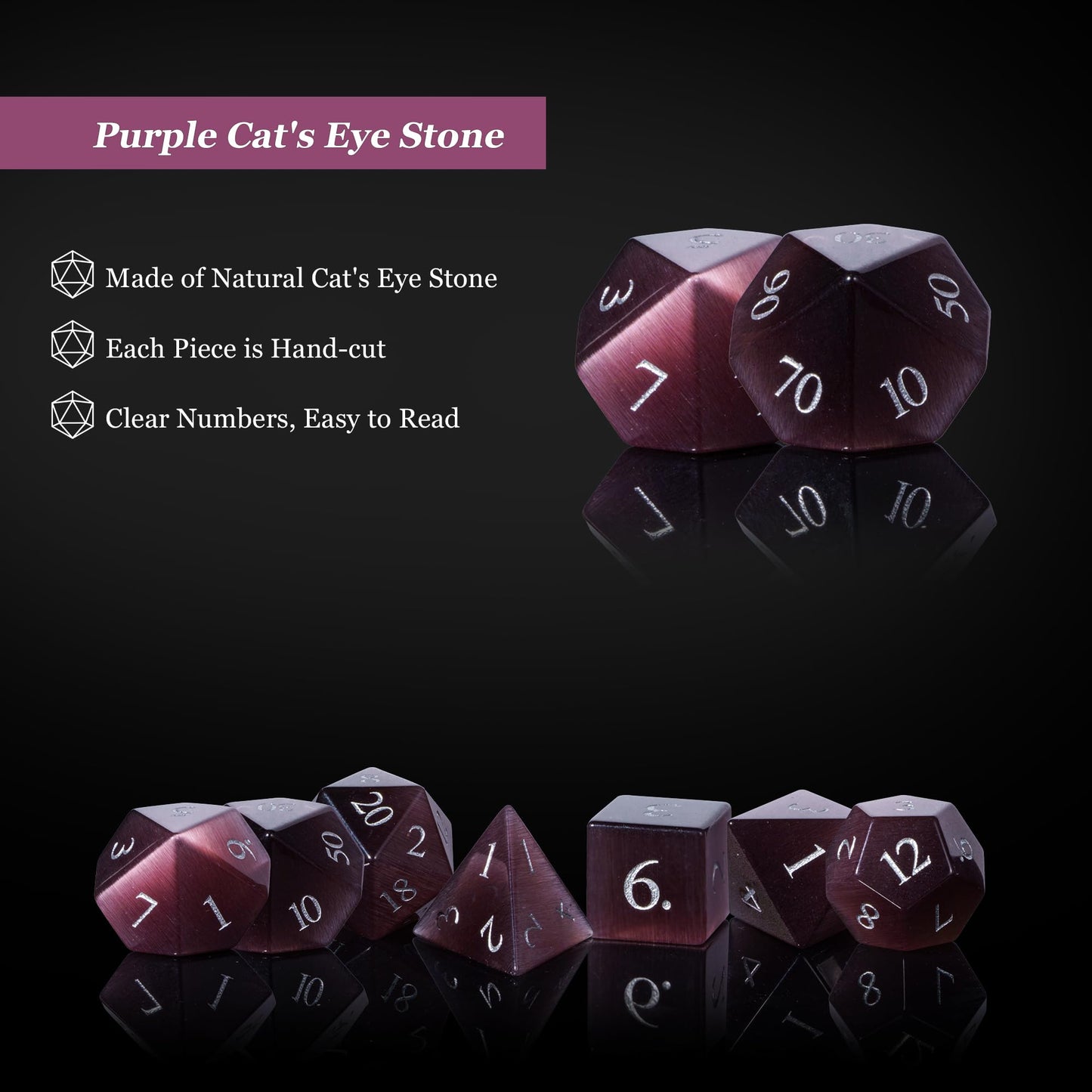 UDIXI Natural Gemstone Dice Set, 7PCS Crystal DND Dice for Dungeons and Dragons, Handmade Stone Dice for MTG Table Games (Purple