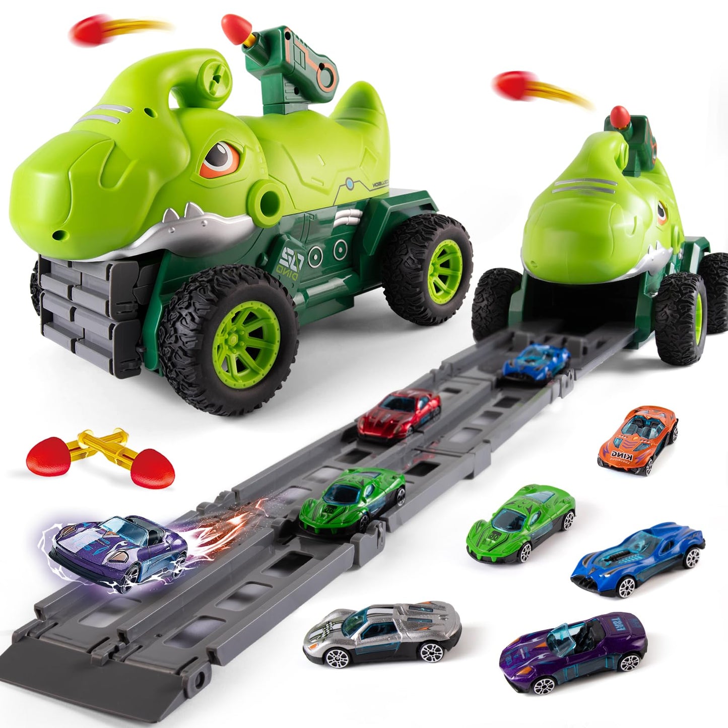 YOOYID Dinosaur Truck Toys for 2 3 4 5 Year Old Boy with 6 Die-Cast Metal Toy Cars, Gifts for 2 3 4 5 Year Old Boys, Foldable Tr