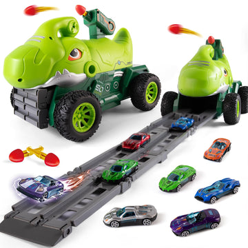 YOOYID Dinosaur Truck Toys for 2 3 4 5 Year Old Boy with 6 Die-Cast Metal Toy Cars, Gifts for 2 3 4 5 Year Old Boys, Foldable Tr