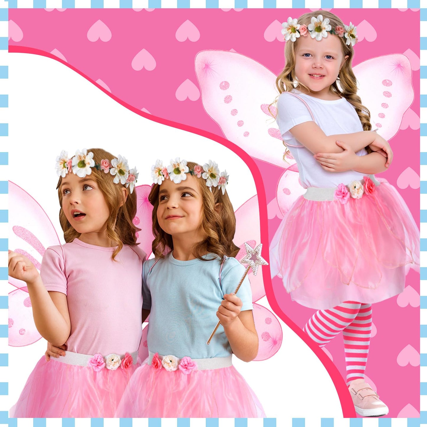 Newcotte 4 Pcs Halloween Girls Costume Includes Wings Tutu Headband Striped Tights For Kids Toddler Halloween(Pink Fairy)