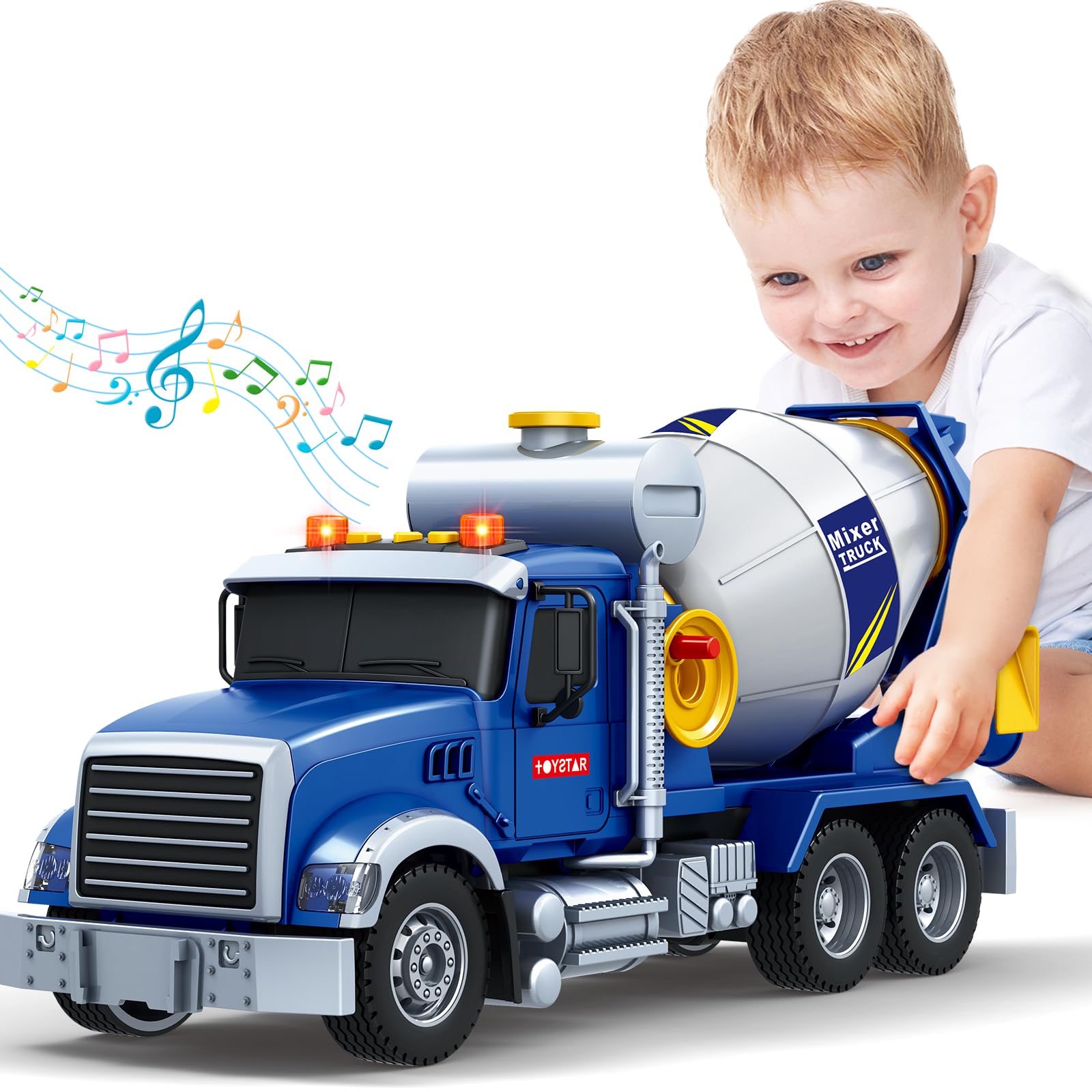 Kids Toys for 3 4 5 6 7 8 Years Old Boys, 15'' Large Cement Mixer Truck Toy with Lights, Sounds, Blue Toddler Friction Powered T