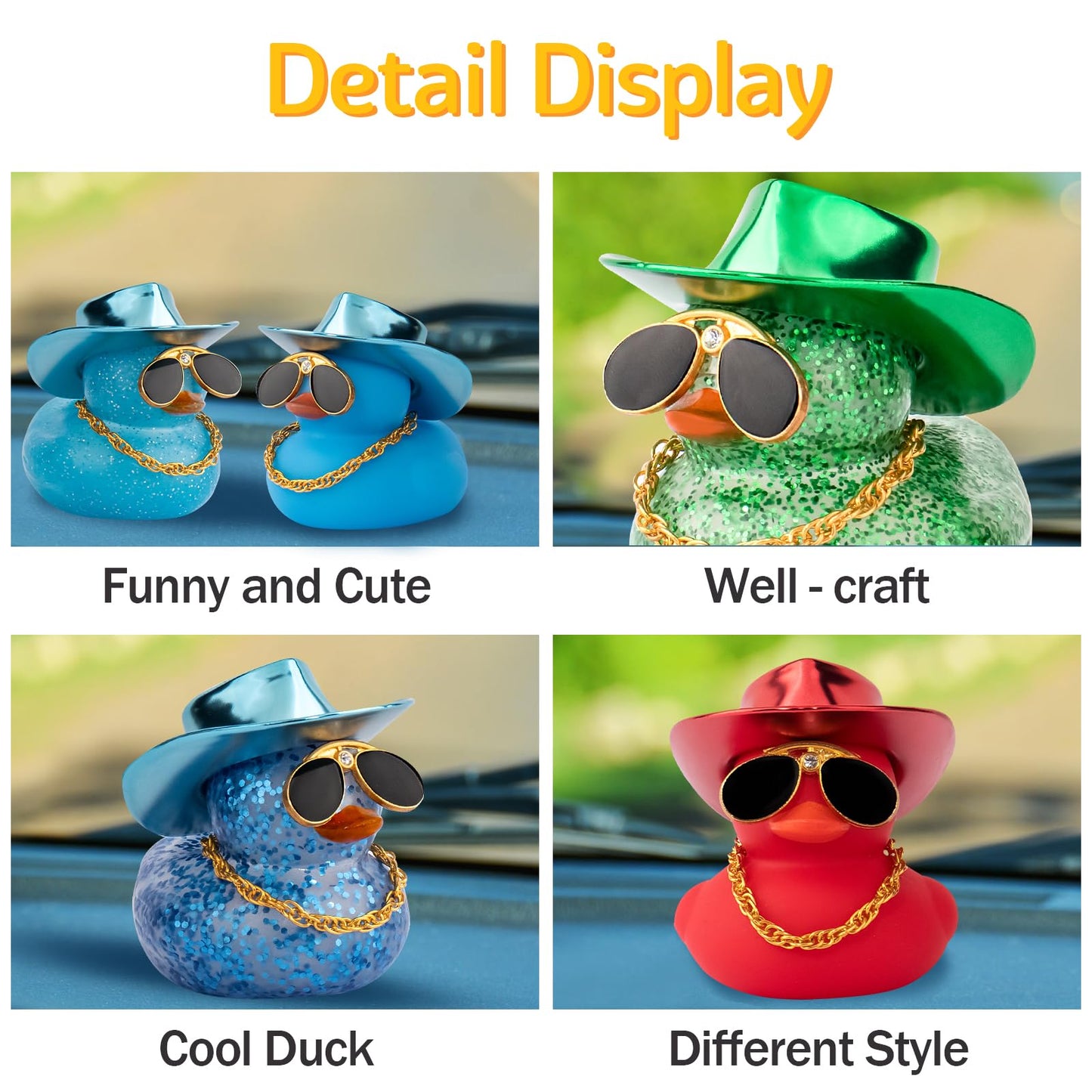 Wonuu Car Rubber Duck, Dashboard Decoration with Laser Cowboy Hat, Diamond Glasses, Necklace, Squeaks, Blue, 2'' Duck