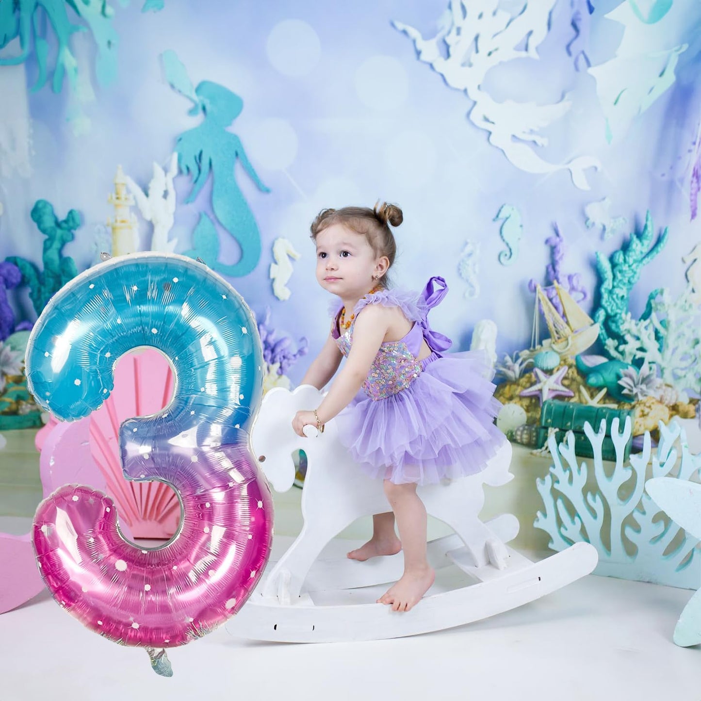 Large Blue Pink Starry 3 Balloons, 40 Inch Giant Mermaid Helium Mylar Foil Globos Numero For Girls, Self Inflating Rainbow 3Rd B