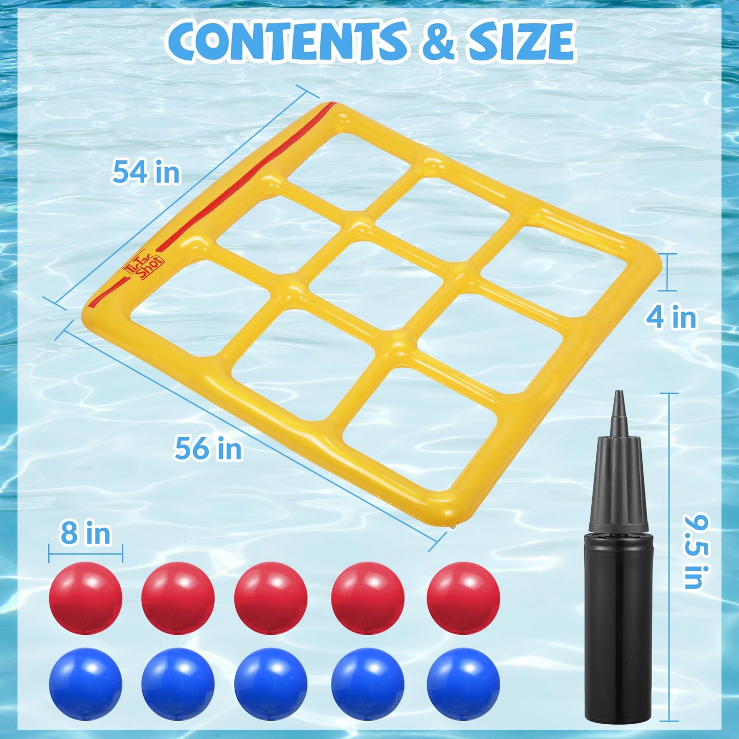 TicTac Shot Pool Toys Games Set- Tic-Tac-Toe Inflatable Pool Toy with 10 Balls - for mature-themeds Teens Kids 2-10 Players