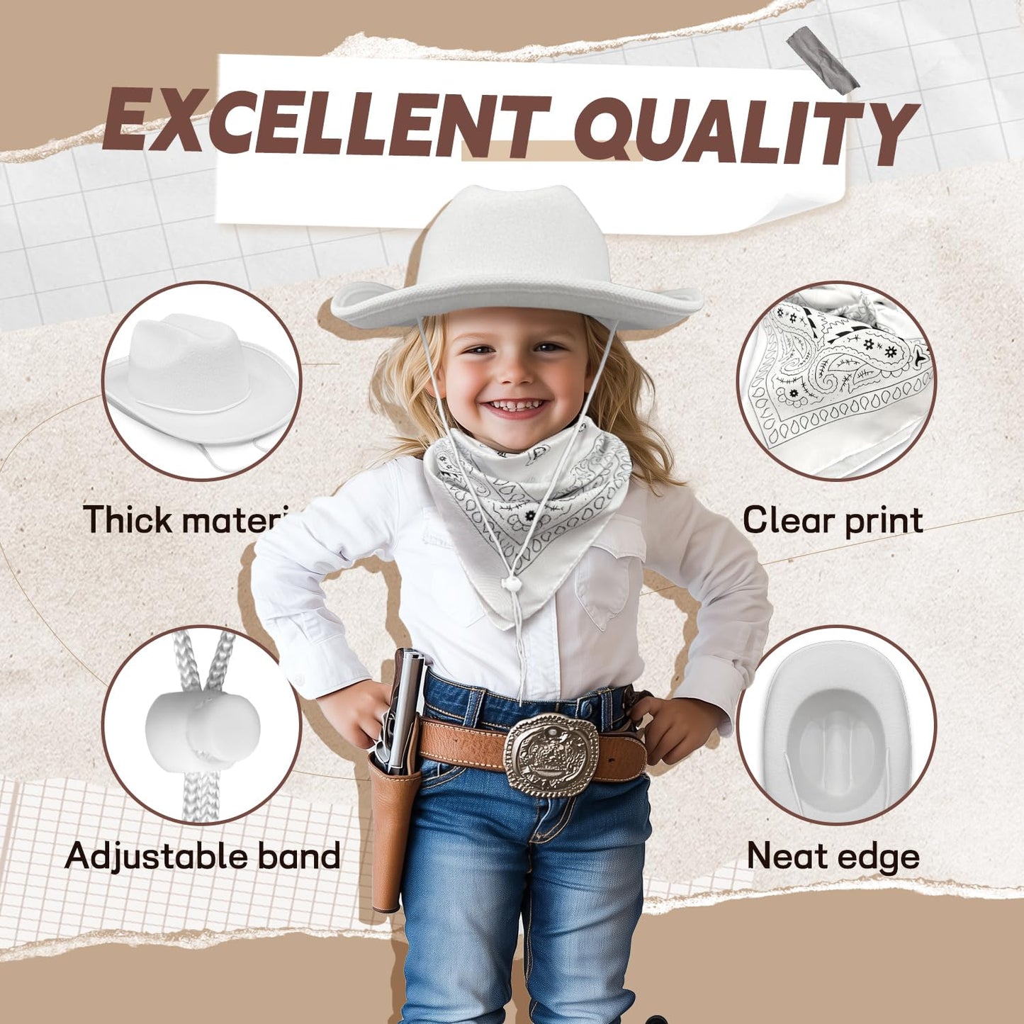Septcity Toddler Cowboy Hat And Bandana For Age 2-5 (White)