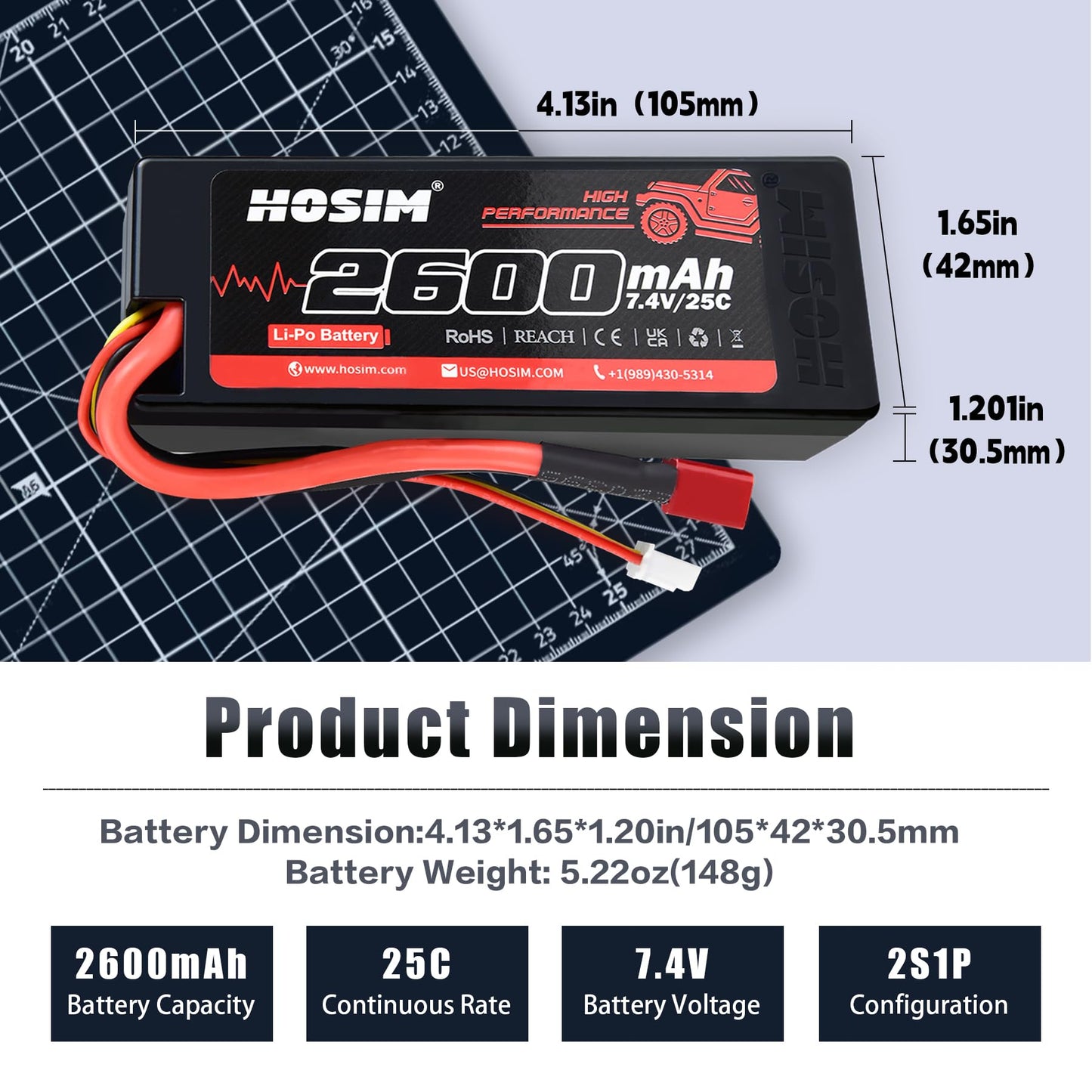 Hosim 7.4V 2600Mah Lipo Battery 25C Rc Car Truck Rc Vehicles Boat Battery Fit For X08 X07 X07W High Speed Rc Cars 1/10 Scale Rem