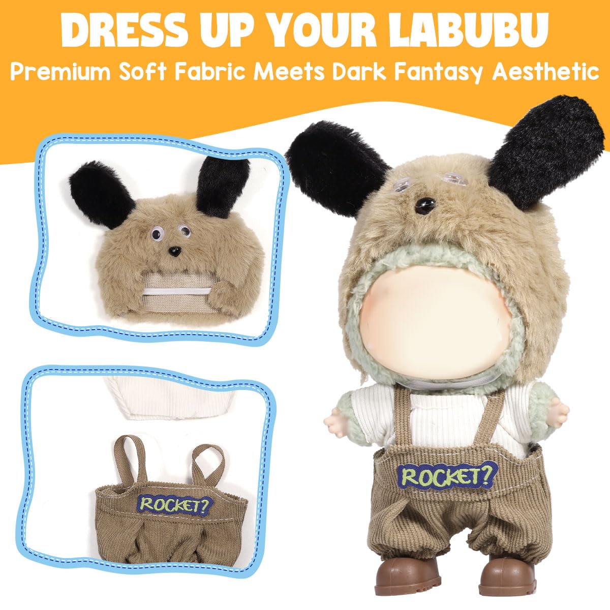 AICase for Labubu Clothes Designer/for Labubu Outfits Bear Clothes Set for 17cm Lububu Doll 3 Piece Set Hat Clothing for LA BUBU  Boys and Girls Stylish Adorable Dolls Clothes Accessories (No Doll)