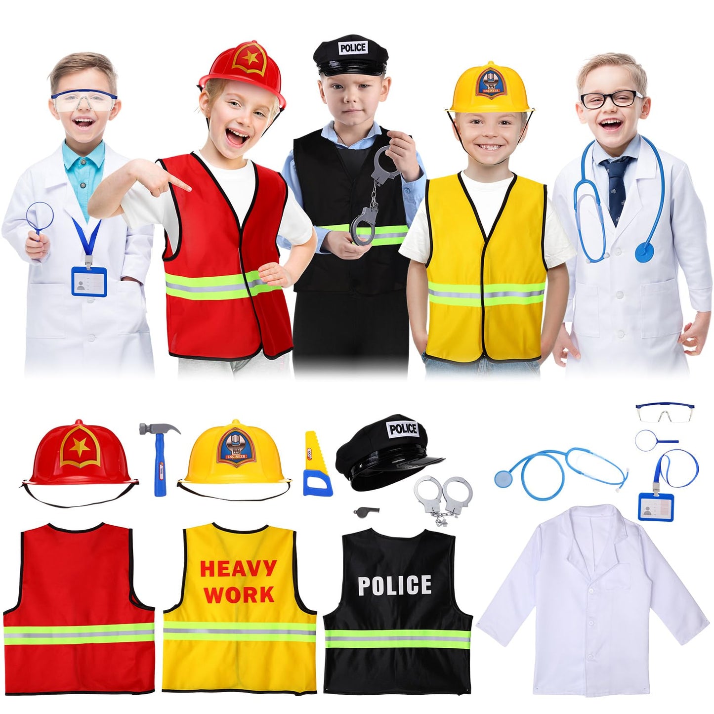 Vicenpal 4 Sets Kids Dress Up Costumes Police Officer Costume Doctor Construction Worker Fireman Costume Scientist Lab Dress Up