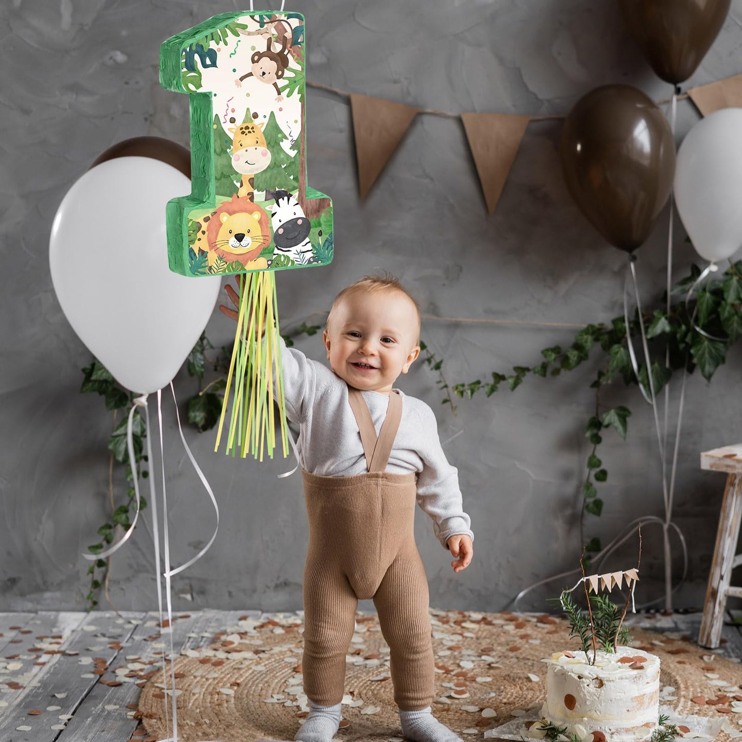 Hungdao Wild One Piñata - Number 1 Pull String Mini Piñata, Cardboard, 16.1x10.9x2.76 Inch, Safari Jungle Theme, Includes Blind