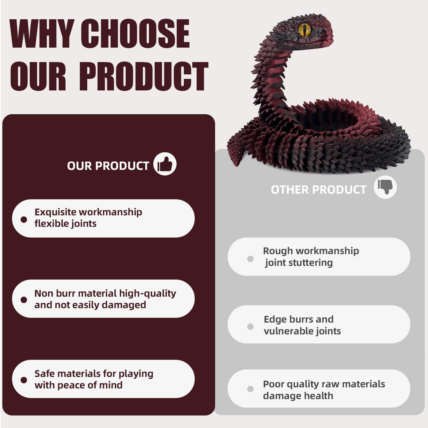 Binvin 24 In 3D Printed Snake Viper, Articulated Snake Toy, 3D Printed Animal Model, Red Black