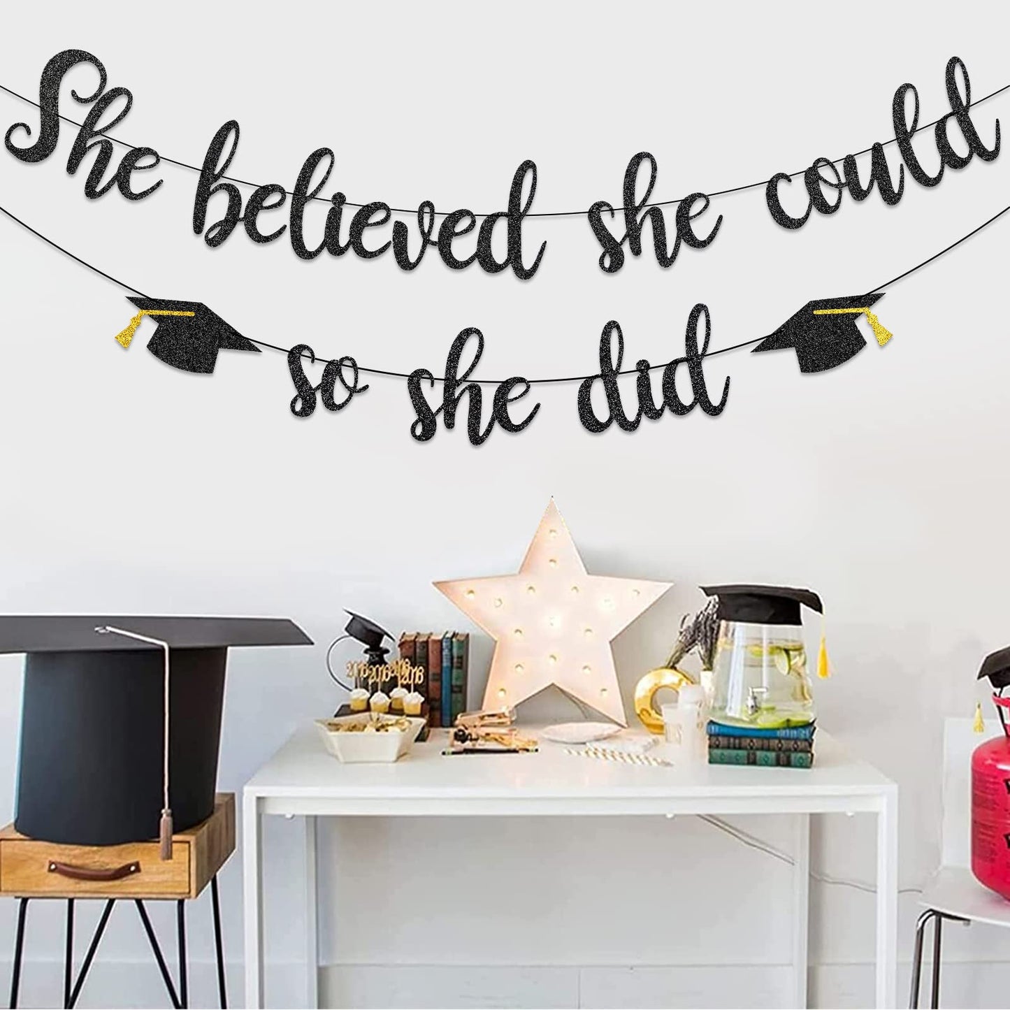 She Believed She Could So She Did Banner Decorations - Black Glitter She Did It 2024 Garland Graduation Bunting Banner, Congrats