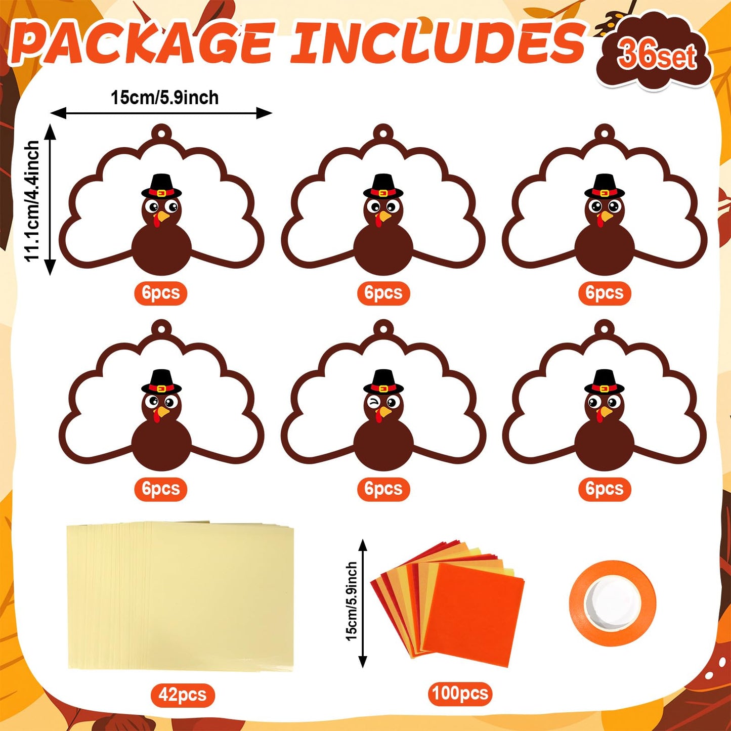 Qyeahkj 36 Set Thanksgiving Turkey Suncatchers Crafts for Kids DIY Fall Window Tissue Paper Craft Kit Autumn Hanging Decor for H