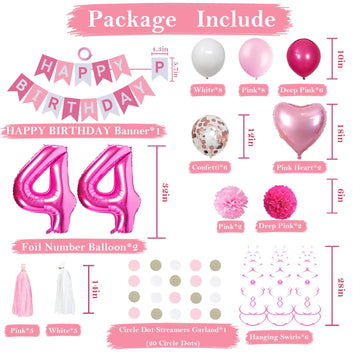 Sweet 44Th Birthday Decorations For Women, Pink And White 44 Happy Birthday Balloons,44Th Birthday Party Supplies Including Pink
