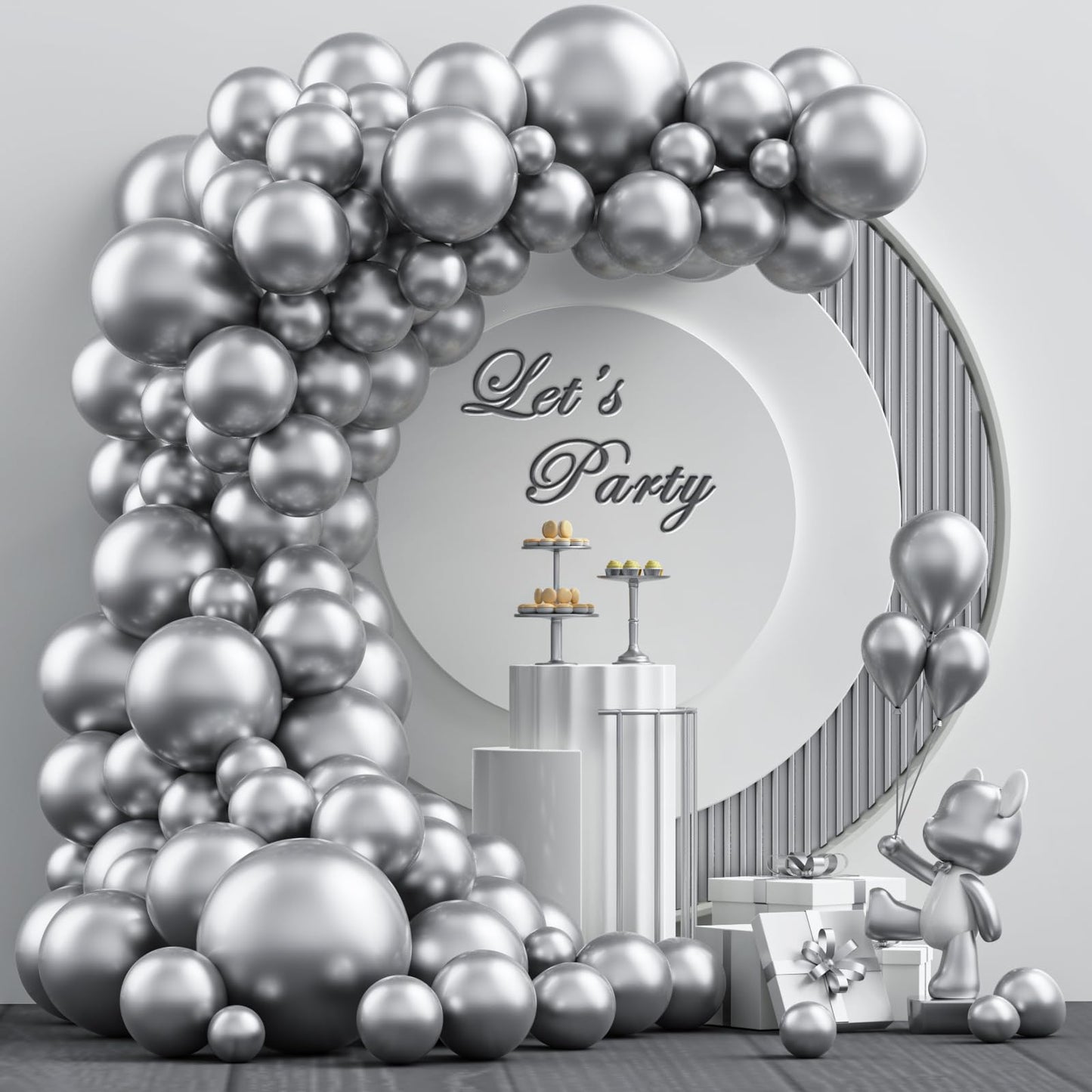 Nisocy Silver Metallic Latex Balloon Arch Garland Kit, 102Pcs 18In 12In 10In 5In For Festival Picnic, Engagement, Wedding, Birth