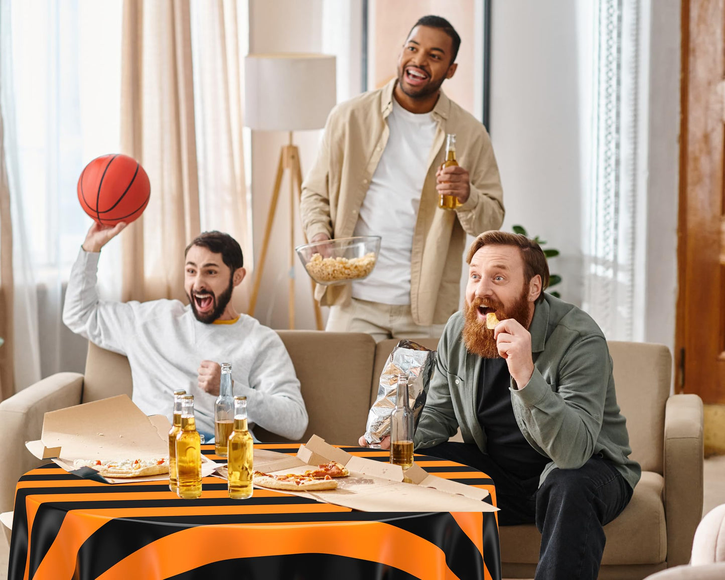 Tatuo 6 Pcs Black and Orange Round Circus Table Cloth 84 Inch Carnival Circus Tablecloths Striped Disposable Plastic Table Cover