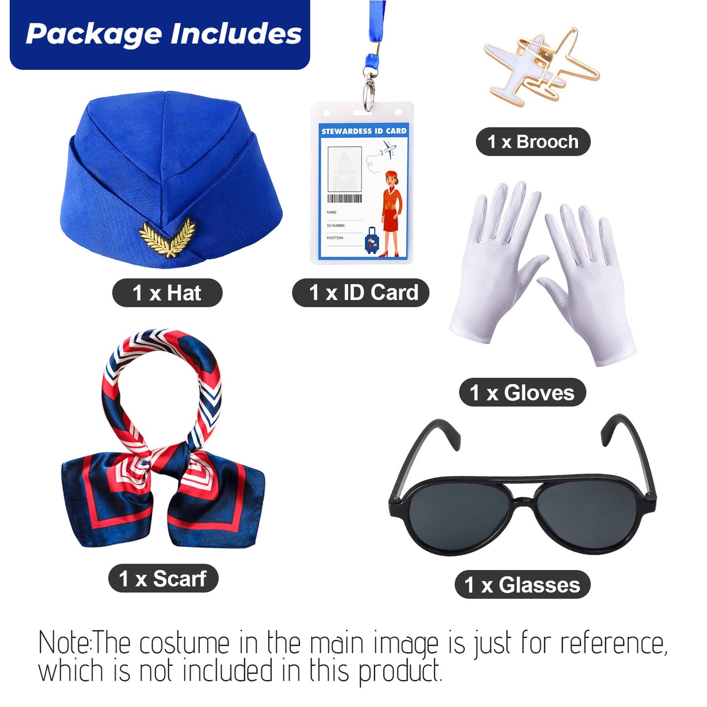 Keymall Kids Flight Attendant Costume Accessories Set Stewardess Hat Airline Hostess Costume Kits For Girls Dress Up Halloween Career Costume (Blue)