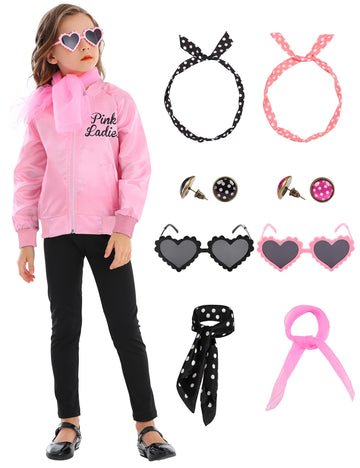 1950S Pink Satin Jacket Grease Costume Ladies Girls Halloween Costumes Kids 50S Cosplay With 10Pcs Accessories Polka Dot Neck Sc