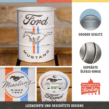 Nostalgic-Art Retro Money Box Oil Barrel  20.3 oz  Ford Mustang - Horse & Stripes Logo - Gift idea for car Accessories Fans  Metal Piggy Bank  Vintage tin moneybank