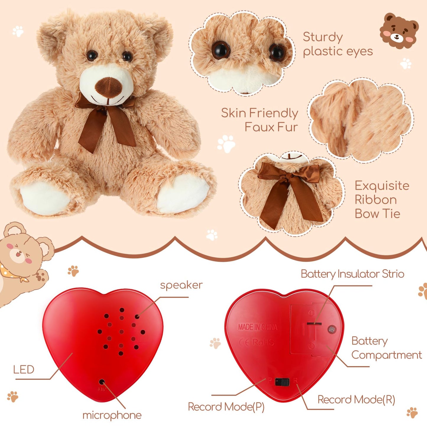 Libima 5 Pack 14'' Bears Stuffed Animals With Voice Recorder Set 30 Seconds Voice Sound Recorder Module Plush Bear Cute Stuffed