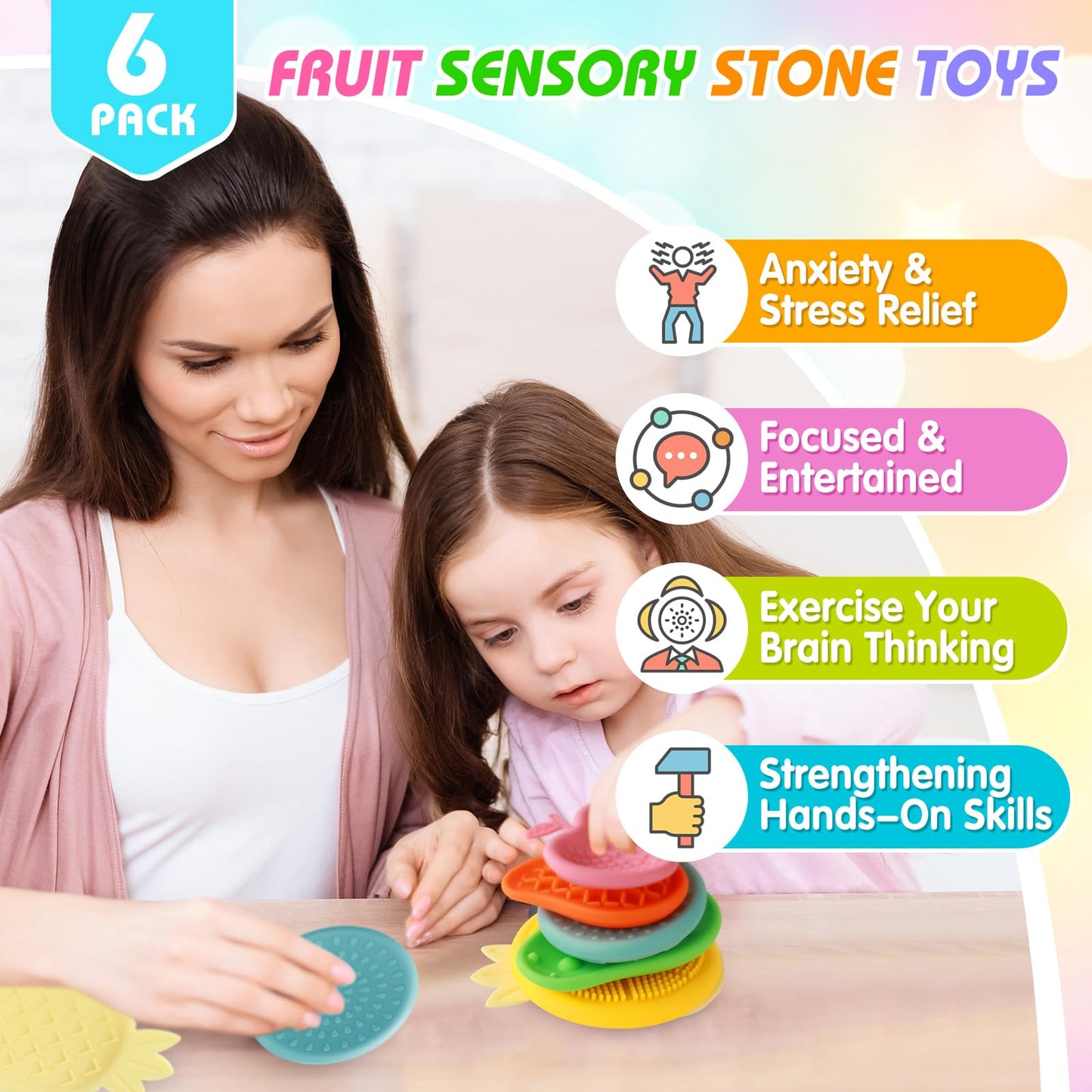Fidget Toys Sensory Stone For Kids: 6Pcs Fruit Silicone Textured Worry Stones For Autism Kids - Stress Toys For Students Anxiety Relief - Small Prizes- Gifts Christmas Stocking Stuffers For Kids