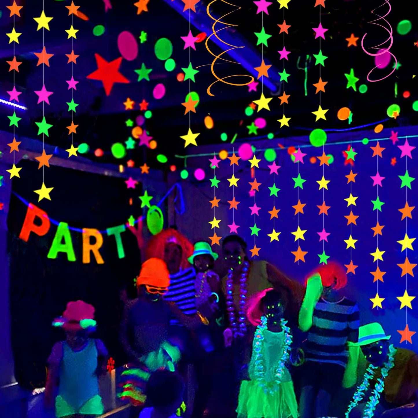 108feet Star UV Neon Garland Hanging Paper Glow in The Dark Glow Party Supplies and Decorations Glow in The Dark Blacklight Reac