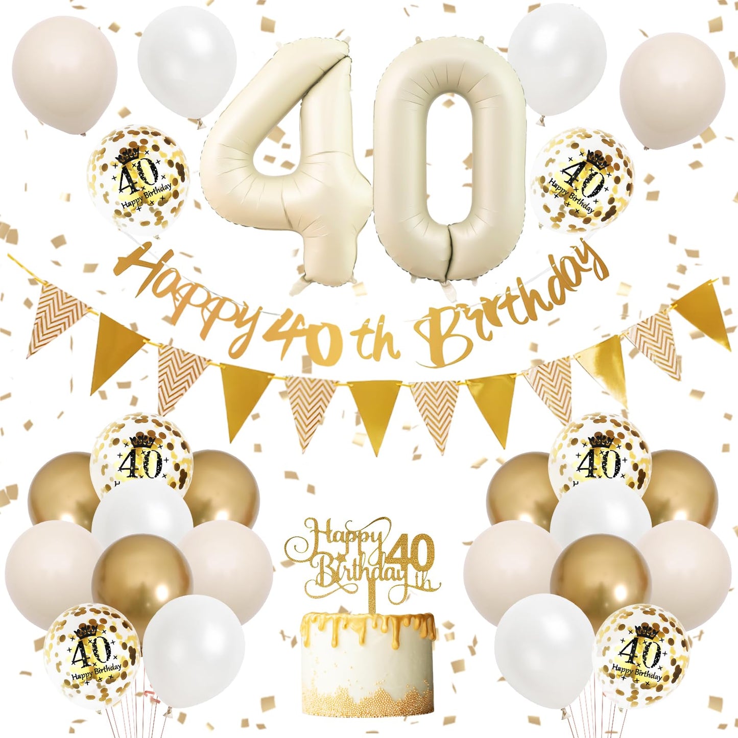 40Th Birthday Decorations Sand White Gold,40Th Birthday Balloons Beige Gold,Happy 40Th Birthday Banner With Cake Toppers Number