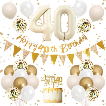 40Th Birthday Decorations Sand White Gold,40Th Birthday Balloons Beige Gold,Happy 40Th Birthday Banner With Cake Toppers Number