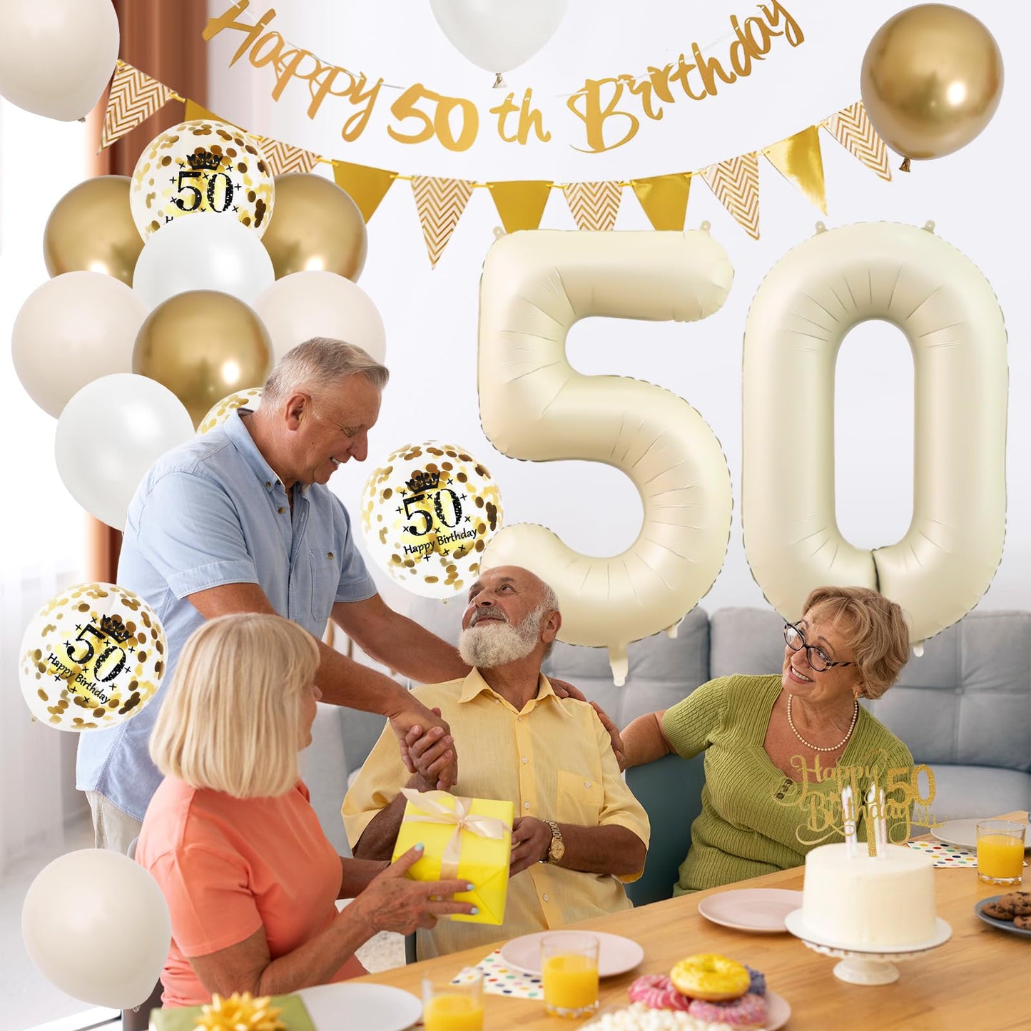 50Th Birthday Decorations Sand White Gold,50Th Birthday Balloons Beige Gold,Happy 50Th Birthday Banner With Cake Toppers Number