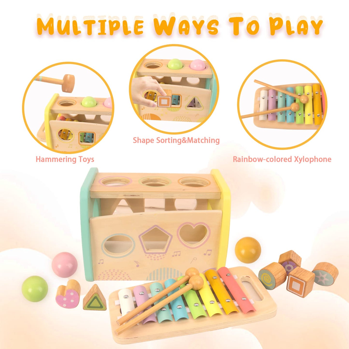 Woodenfun Hammering Pounding Toys Wooden Educational Toy Xylophone Shape Sorter, Birthday Gift For 1 2 3 Years Boys Girls Baby Toddler Kids Developmental Montessori Learning Toy (Yellow)